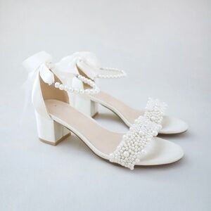 Kailee P. Satin Block Heel Wedding Sandals with Perla Appliqué and Pearl strap